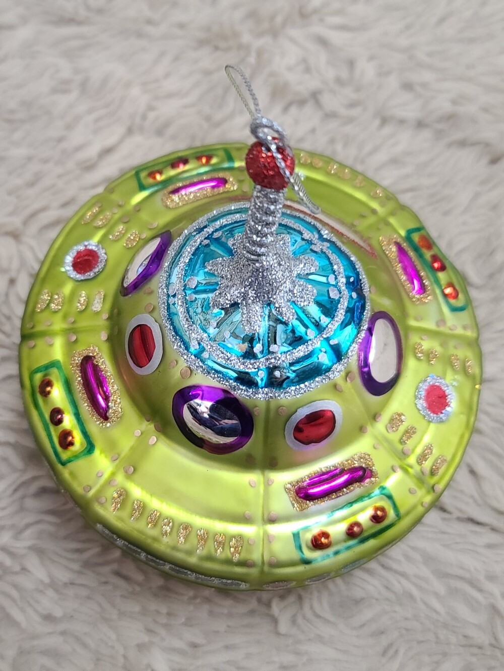 Green UFO Glass Ornament with Multicolor Gem Accents, Alien Flying Spaceship - Picture 2 of 6